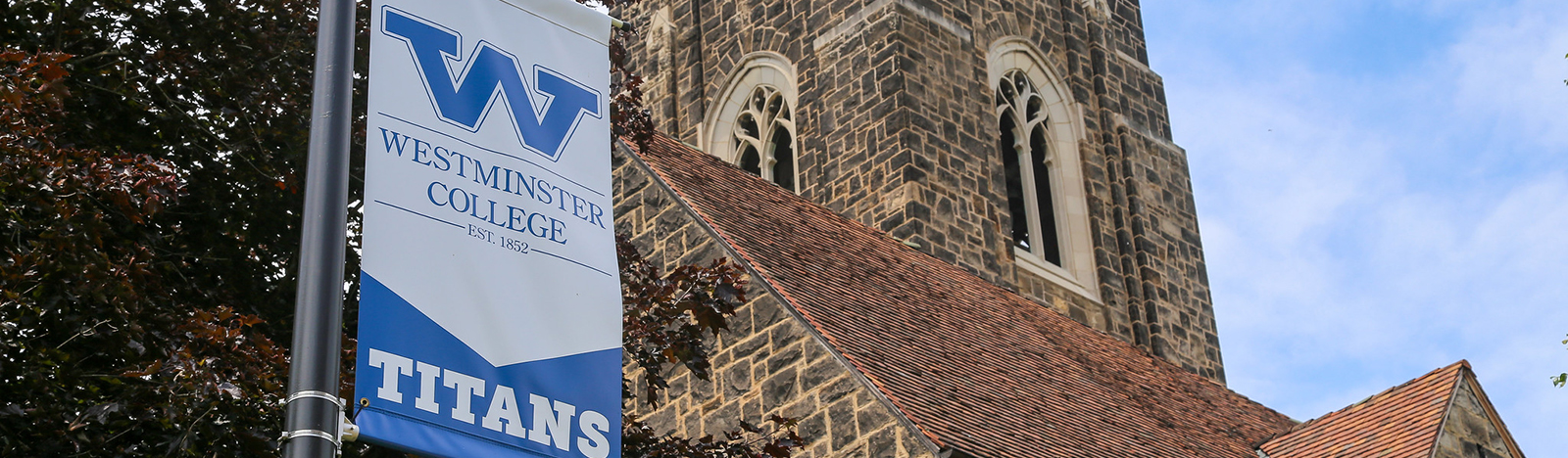 Westminster exterior with banner in the foreground